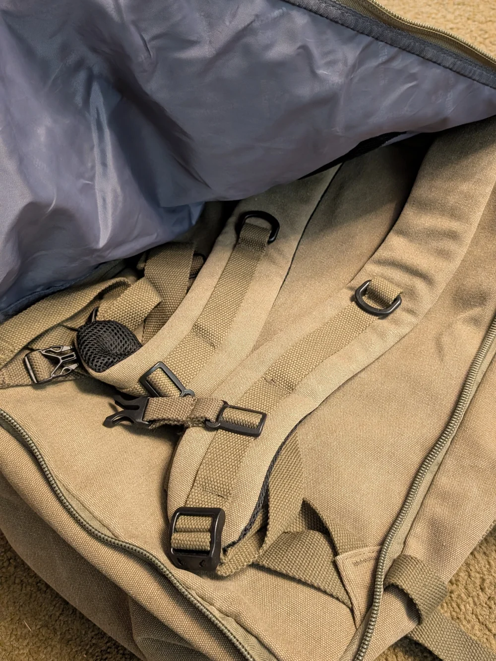 Canvas Travel Backpack in Khaki with Leather Accents - Picture 4 of 13